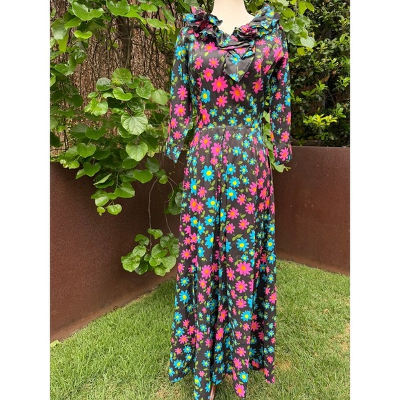 Pants - Vtg 60s McKells Dallas Black Daisy Psychedelic Wide Leg Jumpsuit Ruffle Collar S